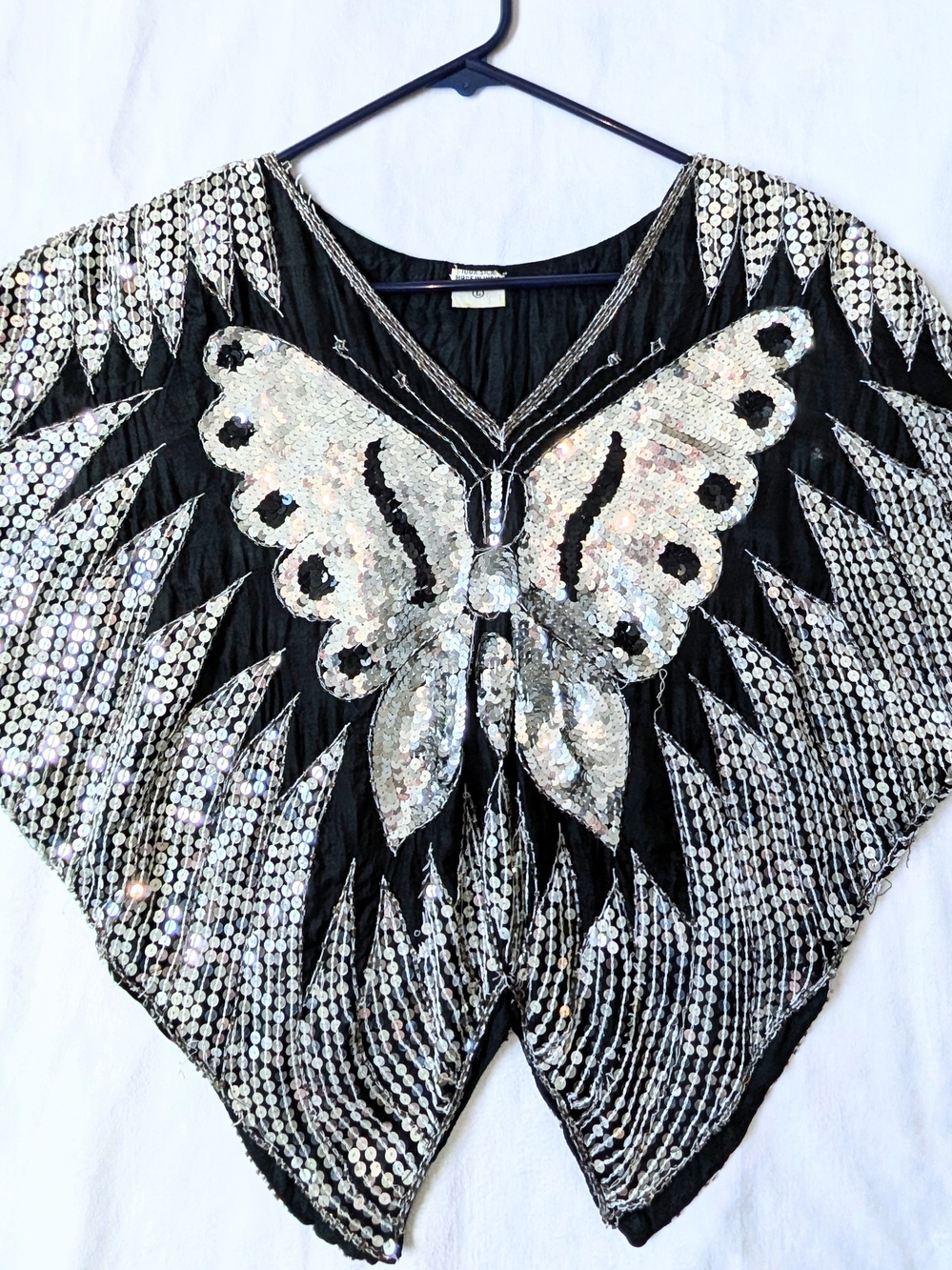 Vintage 100 Percent Silk Sequin Butterfly L Top Blouse Black Silver